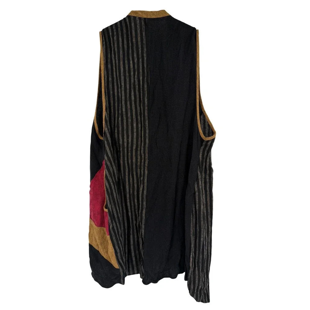 Khangura Women XL Longline Vest Linen Blend Lagenlook Mixed Media Open Front USA